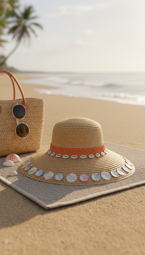 Golden Straw Hat with Shell Accents